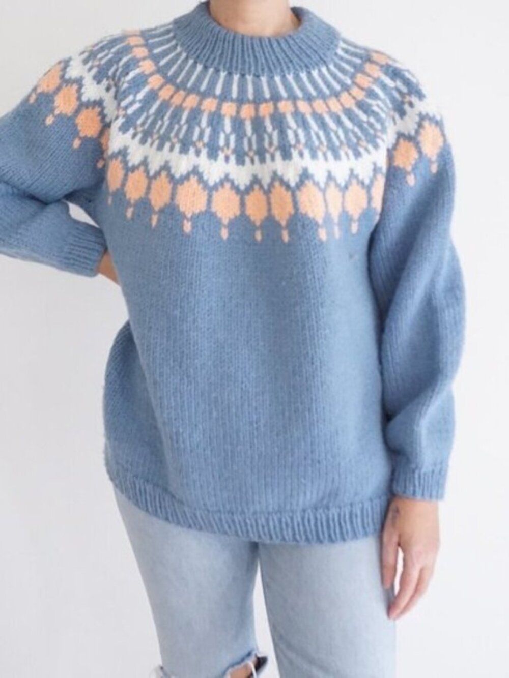 19th Avenue Blue Fair Isle Wool Sweater Peach Cream Knit Retro Cabin Winter L
